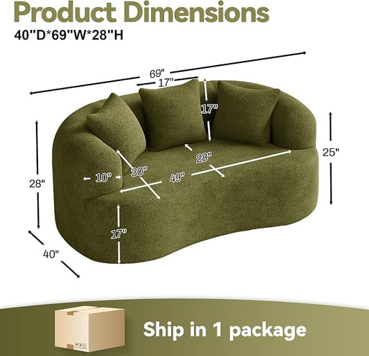 69" Curved Loveseat Sofa for Living Room, Modern Chenille Love Seat Cloud Couch, Luxury Plush Extra Deep Oversized Sofa for Small Spaces, Bedroom, Apartment, No Assembly Required, Green