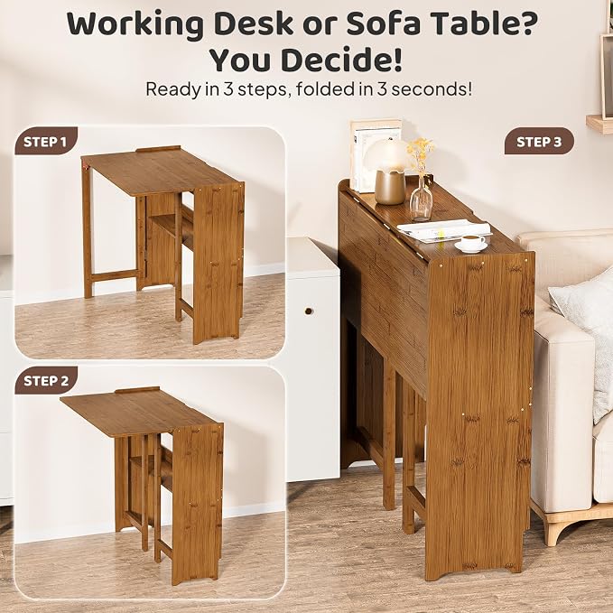 Bamboo Folding Desk for Small Spaces, Mid Century Small Computer Foldable Desk for Bedroom Home Office, Space Saving Sofa Table for Couch, Writing Work Office Desk,Brown