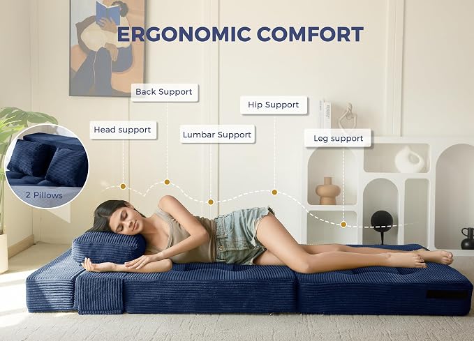 MAXYOYO Convertible Sofa Bed, Fold Out Loveseat Sofa Couch with Pillow, 4 in 1 Tufted Folding Couch Bed Foam Floor Couch, Lazy Chair for Living Room Bedroom Guest Room, Navy