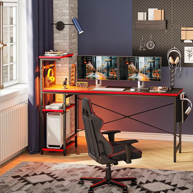 Bestier Gaming Desk with Shelves, 61 Inch Large PC Gaming Table with LED Lights, Led Gamer Desk with 4 Tiers Reversible Storage Shelves for Game & Bedroom Room (Black Grained)