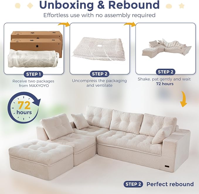 MAXYOYO 132" L Shaped Modular Sectional Sofa with Ottoman, Cloud Boneless Couch with Layered Cushion, Upholstered Sofa in a Box, Flexible Module Combination for Living Room, No Assembly, Beige