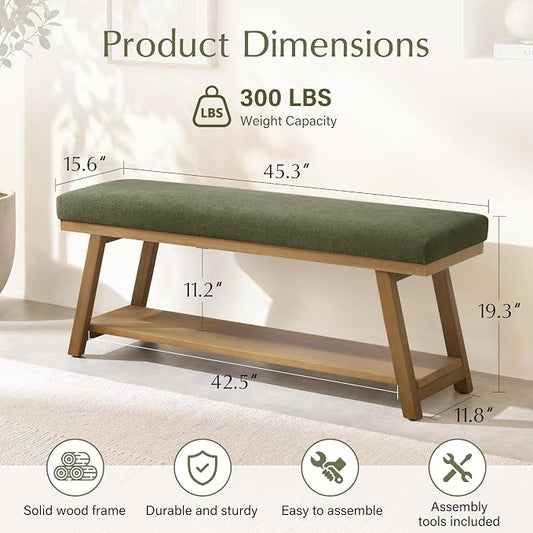 Zihanhome 45" Entryway Bench Upholstered Storage Bench for Bedroom Shoe Rack Bench for Living Room, Hallway, Mudroom, Balcony, Sturdy Indoor Bench Seat Holds Up to 300 lbs (Green)