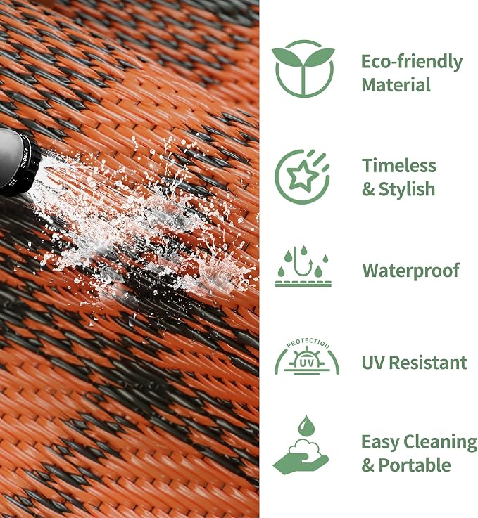 GENIMO Waterproof Outdoor Rug for Patio Clearance, 6'x9' Reversible Plastic Straw Rugs, Lightweight RV Camping Mat for Camper, Balcony, Deck, Backyard, Picnic, Black Orange Plaid