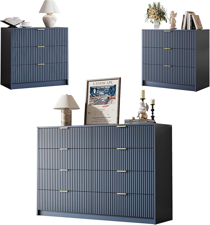 MAISONARIA 3-Piece Dresser Bedroom Set, 8 Drawer Dresser & 3 Drawer Nightstands with Gold Handles, Fluted Wood Chest of Drawers for Bedroom, Living Room, Entryway, Navy Blue