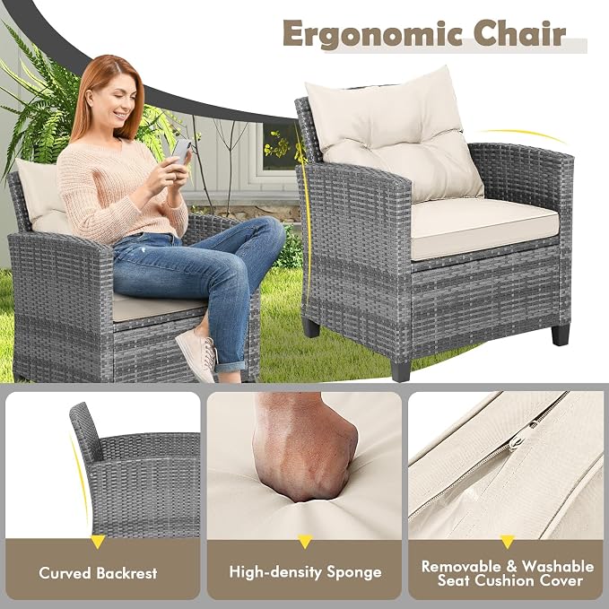 Tangkula 3 Pieces Patio Furniture Set, PE Rattan Wicker 3 Pcs Outdoor Sofa Set w/Washable Cushion and Tempered Glass Tabletop, Conversation Furniture for Garden Poolside Balcony (Mix Grey-White)