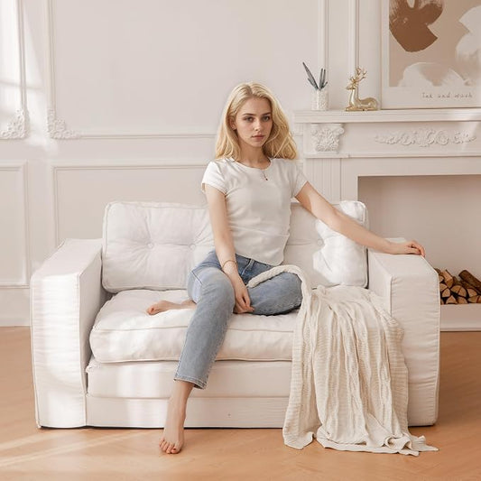 YOSHOOT Loveseat Boneless Couch,55" Convertible Sofa Bed Futon Couches for Living Room,3-in-1 Pull Out Floor Couch with Backrest and Pillows, White