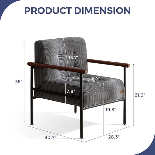 MAXYOYO Living Room Accent Chair, Modern Chair with Sturdy Metal Frame & Wood Armrests, Upholstered Reading Chair with Upholstered Cushion for Bedroom Balcony Porch, Dark Grey