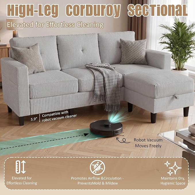 Convertible Sectional Sofa with Storage Ottoman, 77” L-Shaped 3-Seat Couch with Skin-Friendly Corduroy Fabric, Reversible Small Sectional for Small Space, Apartment, Living Room and Office (Grey)