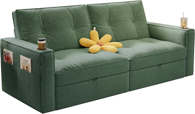 73.2'' Futon Sofa Bed Full Size, Pre-Assembled Pull Out Couch, Adjustable Backrest, Corduroy Convertible Sleeper Sofa, 2 Cup Holders, Pockets, USB, Loveseat for Living Room, Apartment, Green | Soft Material