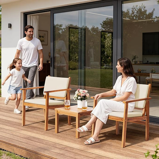 Flamaker Patio Chairs 3 Piece Acacia Wood Patio Furniture with Coffee Table & Cushions Outdoor Conversation Set Balcony Chairs for Porch, Deck, Backyard