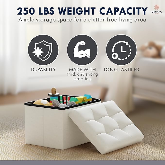 Ornavo Home Small Storage Ottoman, Set of 2, Foldable Collapsible Rectangle Linen Ottoman Foot Rest Stool Seat, for Living Room, Bedroom, Home Office, Dorm - 12 x 16 x 12, White