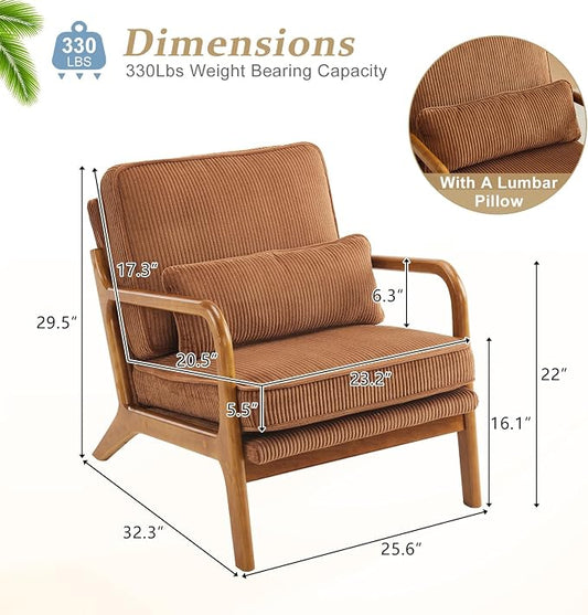 VINGLI Upgraded Premium Corduroy Accent Chair,Upholstered Arm Chair,Solid Wood Comfy Reading Chair with Pillow, Mid Century Modern Chairs for Living Room,Bedroom,Brown
