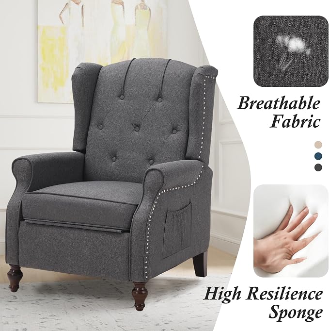 Wingback Recliner Chair with Massage and Heat, Wingback Recliner Tufted Fabric Push Back Recliner Chair for Living Room, Vintage Wingback Chair with Remote Control, Padded Cushion, Wooden Legs