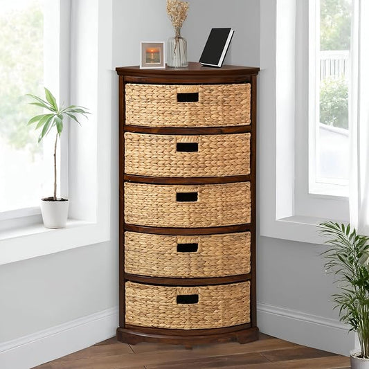 eHemco Hampton Meadows 5 Tier X-Side Corner Storage Cabinet, Walnut | 5 Wicker Baskets