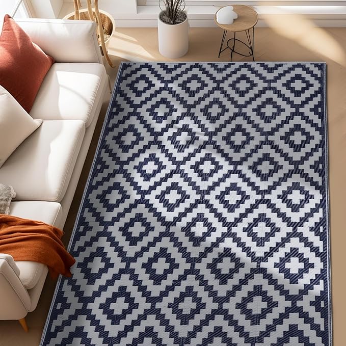 SAND MINE Reversible Mats, Plastic Straw Rug, Modern Area Rug, Large Floor Mat and Rug for Outdoors, RV, Patio, Backyard, Deck, Picnic, Beach, Trailer, Camping, Dark Blue & White, 5' x 8'
