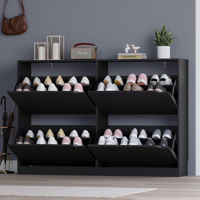 BORNOON Shoe Cabinet with 4 Flip Drawers, Narrow Hidden Shoe Storage Cabinet, Slim Freestanding Shoe Rack Organizer for Entryway, Hallway, Bedroom, Living Room