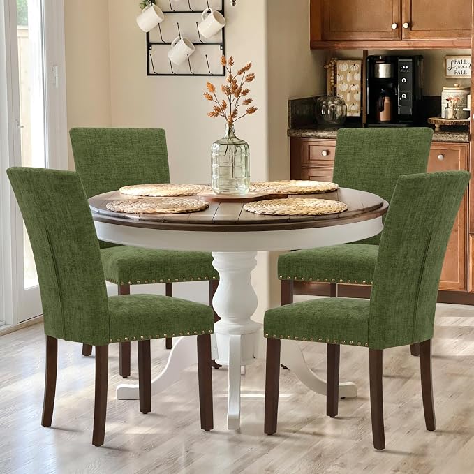 COLAMY Upholstered Parsons Dining Chairs Set of 2, Fabric Dining Room Kitchen Side Chair with Nailhead Trim and Wood Legs - Green