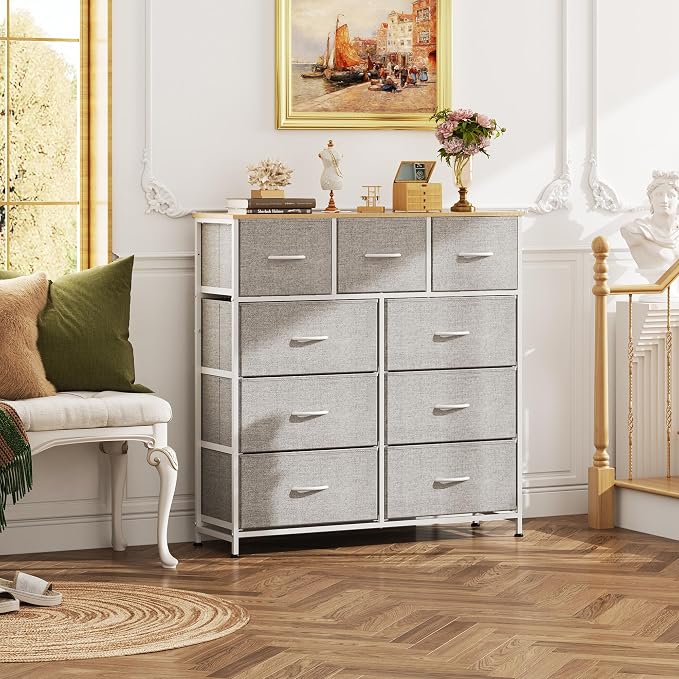 WLIVE 9-Drawer Dresser, Fabric Storage Tower for Bedroom, Hallway, Entryway, Closet, Tall Chest Organizer Unit with Fabric Bins, Steel Frame, Wood Top, Easy Pull Handle, Light Grey
