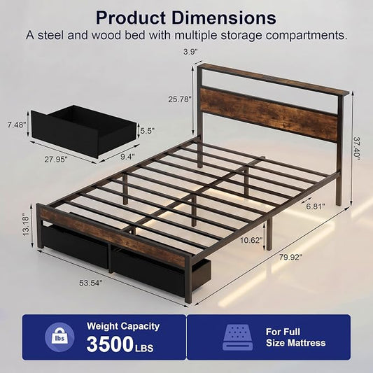 Full Bed Frame with 2 Drawers and Storage Headboard, Metal Platform with LED Lights and Charging Station, No Box Spring Needed, Noise Free, Easy Assembly