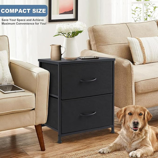 DUMOS Nightstand Small Dresser with 2 Fabric Drawers, Bedroom End Table | Kids Bedside Storage Furniture for 20 inch Tall Night Stand for Closet, Dorm, Classic Black