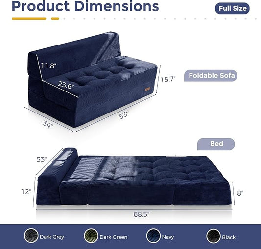 MAXYOYO 8" Folding Sofa Bed, Fold Out Chair Bed, Convertible Floor Sofa Couch, High-Density Foam Tufted Lounge Couch for Living Room Bedroom Dorm, Loveseat, Navy