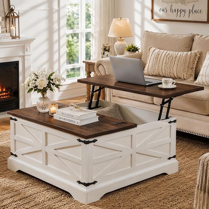 JXQTLINGMU Farmhouse Lift-Top Coffee Table with Large Storage, 36" Square Wood Living Room Table with Hidden Compartment and Raised Dining Surface, White and Brown