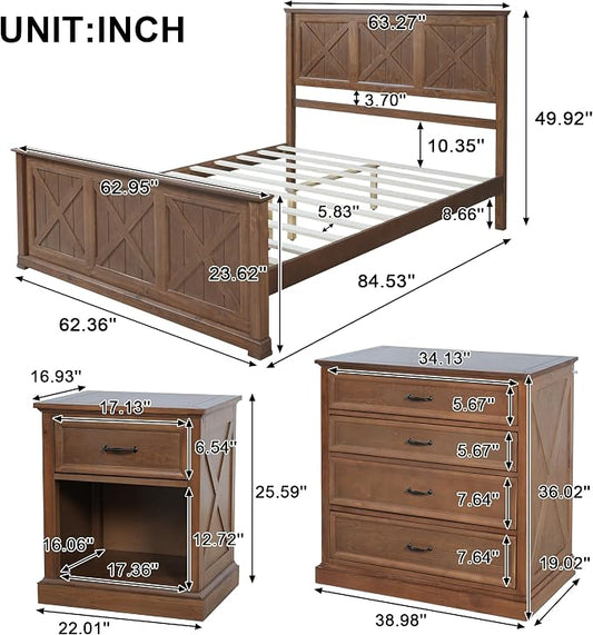 Harper & Bright Designs 4 Piece Bedroom Set, Farmhouse Queen Size Bedroom Furniture Sets with Wooden Platform Bed Frame, Bedroom Furniture Sets with 2 Storage Nightstands and Dresser, Walnut