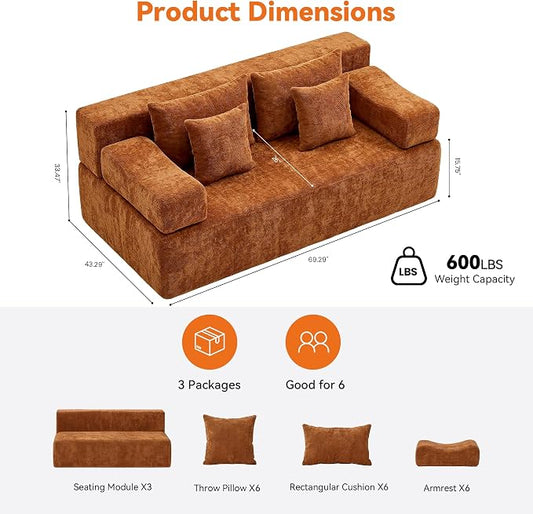 MONVANE 3-Piece Boneless Loveseat Couch Set for Living Room, Oversized Modular Sectional Sofa Set with Removable Armrests, Comfy Chenille Cloud Couch with 12 Pillows, No Assembly Required, Orange