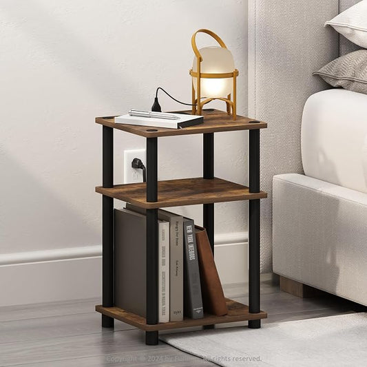 Furinno JUST Night Stand, 3-Tier Turn-N-Tube Nightstand with Charging Station, Bedside Table, End Table, Side Table with USB and Type-C Port, for Bedroom, Closet, Dorm, Amber Pine