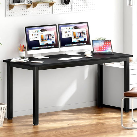 DlandHome Computer Desk, 63 Inch Home Office Desk, Gaming Writing Work from Home Study Desk with Thicken Frame & Large Legroom, Modern Simple Workstation Business Furniture for Home Office, Black