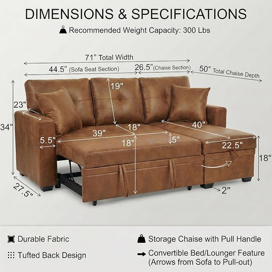 TYBOATLE Convertible Sofa Bed Couch with Reversible Storage Chaise, 71" L Shaped Pull Out Couch Bed, Comfy Linen Fabric Sleeper Sofa for Living Room, Apartment & Guest Room (Brown)