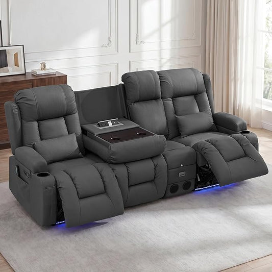 URRED Power Loveseat Recliner Sofa with Massage and Heat, Wall Hugger Reclining Loveseat with Console, RV Couch Home Theater Seating with LED Lights for Living Room (Gray, 89.8" - 3 Seats)