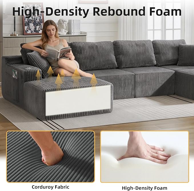 130" U-Shaped Modular Sectional Sofa with Chaise, Boneless Corduroy Flexible Module Seating for Living Room, Cloud Couch with Cup Holders and Side Pockets, No Assembly (Grey)