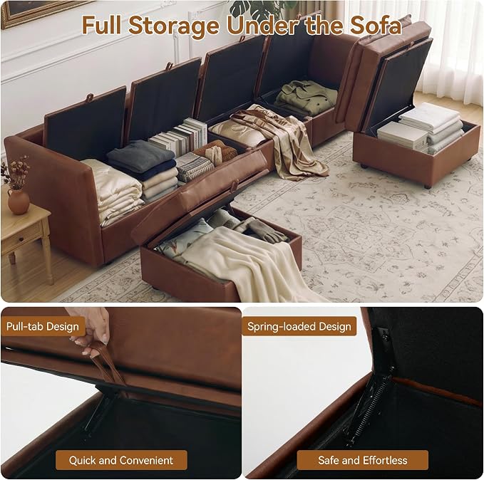 105" Brown Faux Leather Storage 4 Seater Sofa with 2 Ottomans, Comfy Couch | Convertible Modular Sectional Sofa, U Shaped Oversized Couch, Upholstered Large Cloud Couch For Living Room, Apartment.