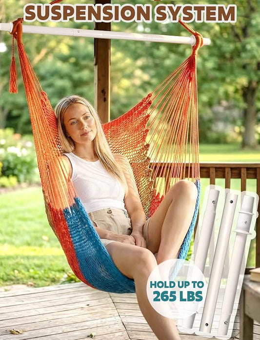 Chihee Handwoven Cotton Hammock Chair Large Hanging Rope Chair 7.9ft with Detachable Strong Metal Spreader Bar, Breathable Net Swing Seat Color Blocking, Portable with Carry Bag, Indoor Outdoor Use