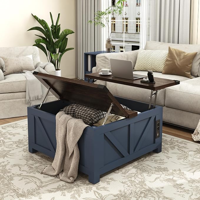 jimeimen Farmhouse Lift Top Coffee Table with Storage, Wood Square Center Table with Charging Station&USB Port, Living Room Table w/Large Hidden Space, for Living Room, Bedroom, Home Office, Blue