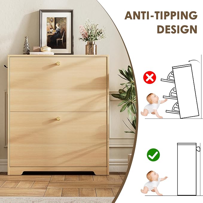 Nicetree Shoe Storage Cabinet with 2 Flip Drawers, Slim Shoe Cabinet, Hidden Shoe Rack Cabinet, Shoe Storage Cabinet for Entryway, Hallway, Foyer, Natural Oak
