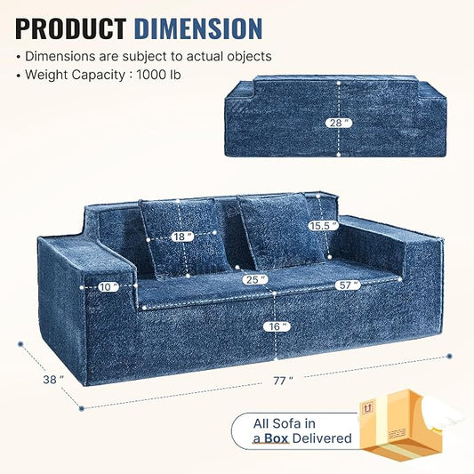 77'' Modern Cloud Loveseat Sofa in Chenille, Deep Seat Boneless Couches Includes 2 pcs Pillows for Living Room, Bedroom, Apartment(Blue)