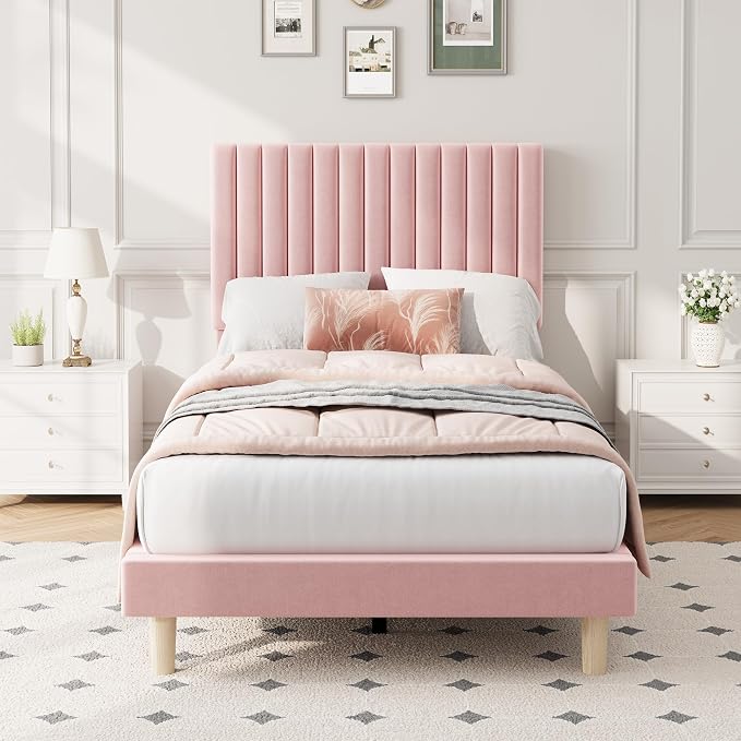 IDEALHOUSE Twin Bed Frame with Adjustable Headboard, Velvet Upholstered Platform Bed Frame Twin Size, Vertical Channel Tufted, Strong Wooden Slats, No Box Spring Needed, Easy Assembly, Pink