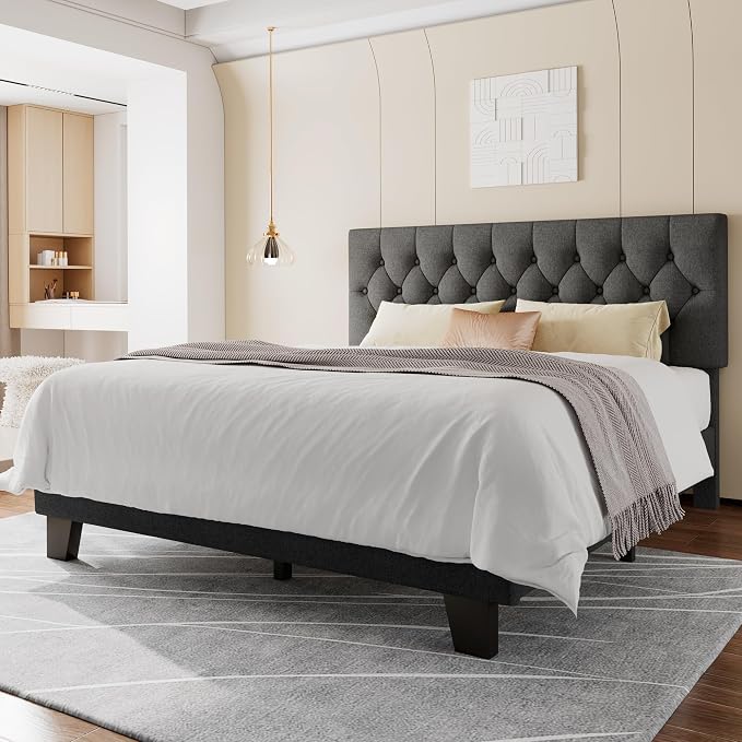 Feonase Full Size Platform Bed Frame with Button Tufted Headboard, Upholstered Linen Bed with Wooden Slats Support, No Box Spring Needed, Easy Assembly, Noise-Free, Dark Grey
