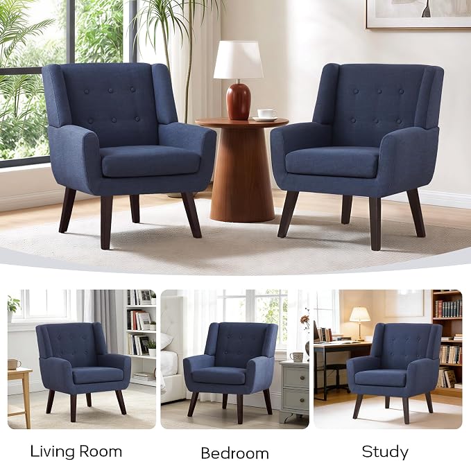 HUIMO Accent Chairs Set of 2,Upholstered Button-Tufted Linen Living Room Chairs,Mid Century Modern Armchair with Fabric,Comfy Arm Chairs for Club Living Room Reading Bedroom,Waiting Room Dark Blue