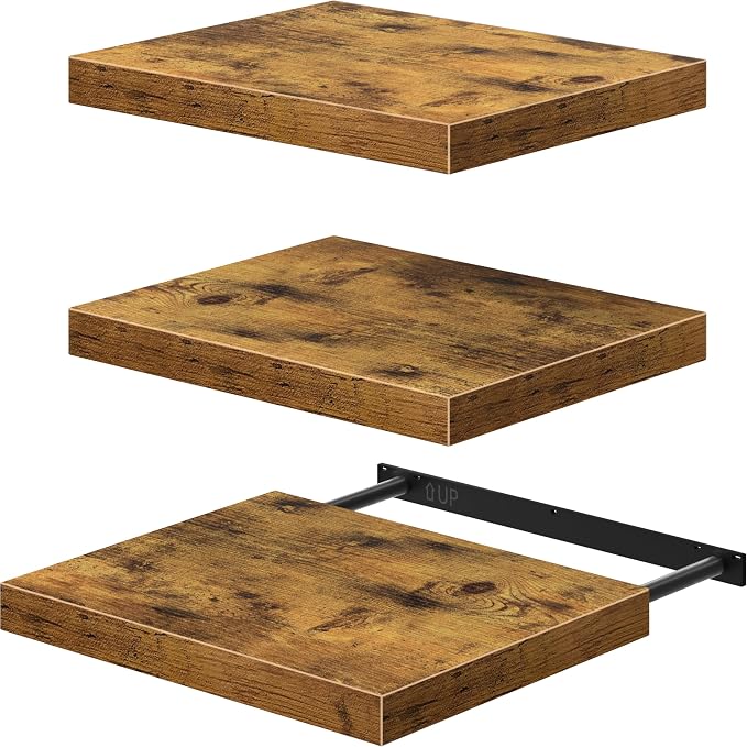 QEEIG 12" Deep Floating Shelves for Wall - 12 x 16 inch Book Shelf Bathroom Bedroom Kitchen Living Room Hanging Bookshelf Farmhouse Set of 3, Brown (026-40BN3)