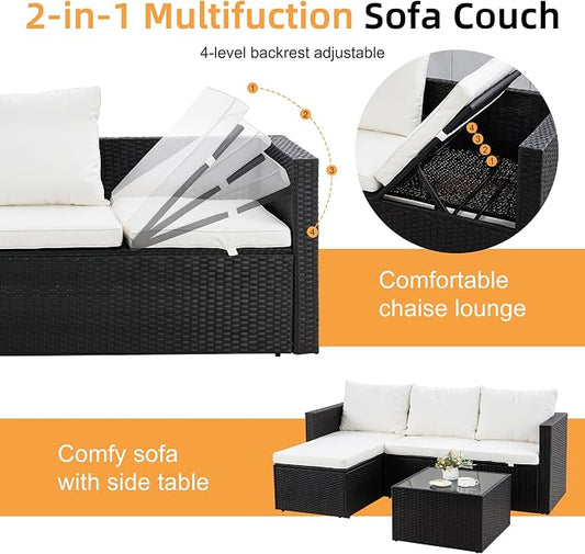 Shintenchi 4 Pieces Patio Furniture Set, 2-in-1 Convertible Sectional Sofa & Chaise Lounge, All-Weather Wicker Rattan Sofa Couch with Cushions & Coffee Table for Yard, Garden, Porch, Poolside (Beige)