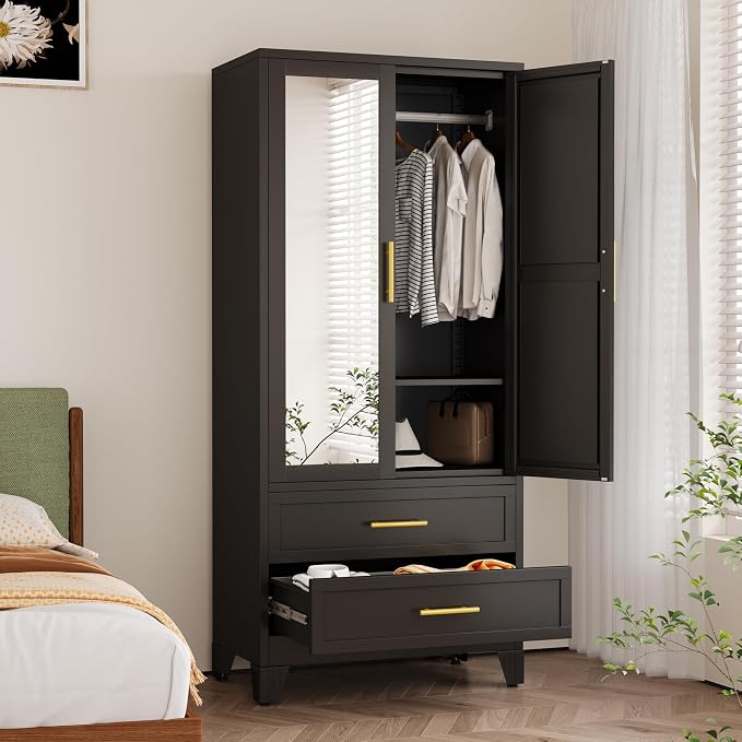 Ckzbx 71" H Metal Armoire Wardrobe Closet with Mirror, Adjustable Shelve, Clothes Drying Pole, Steel Wardrobe Cabinet for Bedroom (Black 2 Drawers)