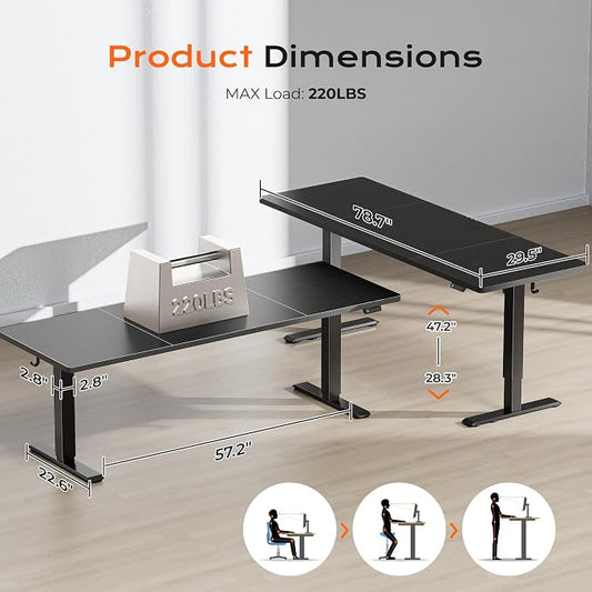 Huuger 78.7'' x 29.5'' Large Electric Standing Desk, Height Adjustable Computer Desk, 29.5" Deep Desktop, Stand up Gaming Office Desk with 2 Hooks, 3 Preset Heights, for Home Office, Black