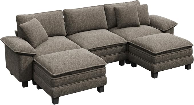 PHI VILLA Cloud Modular Couch Sets, 123.6" Oversized Sectional Sofa with U-Shaped Chaise, 5-Seater Couches with 2 Movable Ottomans for Living Room, Chenille Smoky Grey