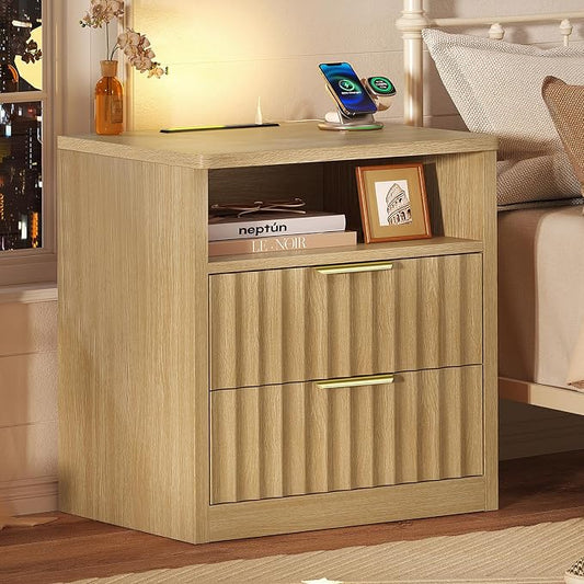 TEENFON Fluted Nightstands Set of 2, Night Stand with Charging Station and LED Light, Storage Drawer and Open Shelf, Modern Bedside Table for Small Space, for Bedroom, Natural