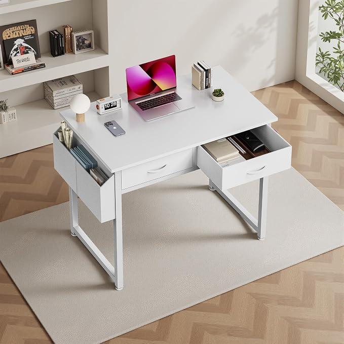 DUMOS 32" Home Office Computer Desk with Drawers, Small Gaming Writing Study Table with Storage Side Bag, Headphone Hook and Adjustable Feet for Bedroom White