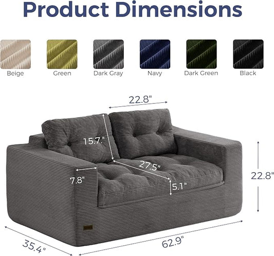 MAXYOYO 63" Loveseat Sofa Couch for Small Spaces, Upholstered Boneless Cloud Couch for Apartment Bedroom, 2-Seater Love Seat Floor Modern Sofa with Pillows, No Assembly Required, Dark Grey