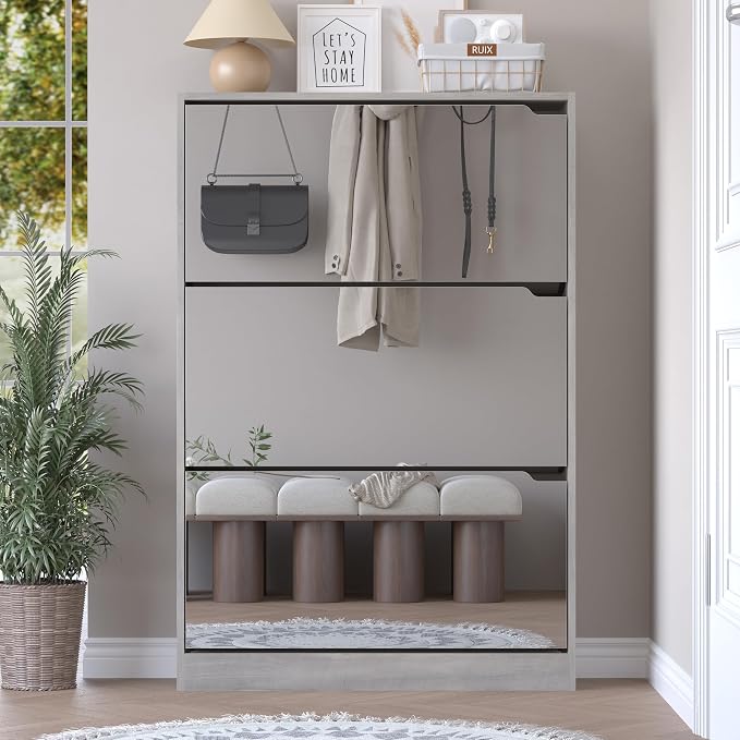 BORNOON Shoe Cabinet with 3-Flip Mirror Drawers, Freestanding Shoe Rack Organizer with Hidden Handle, Slim Narrow Shoe Storage Cabinet for Entryway, Entrance, Hallway, Bedroom